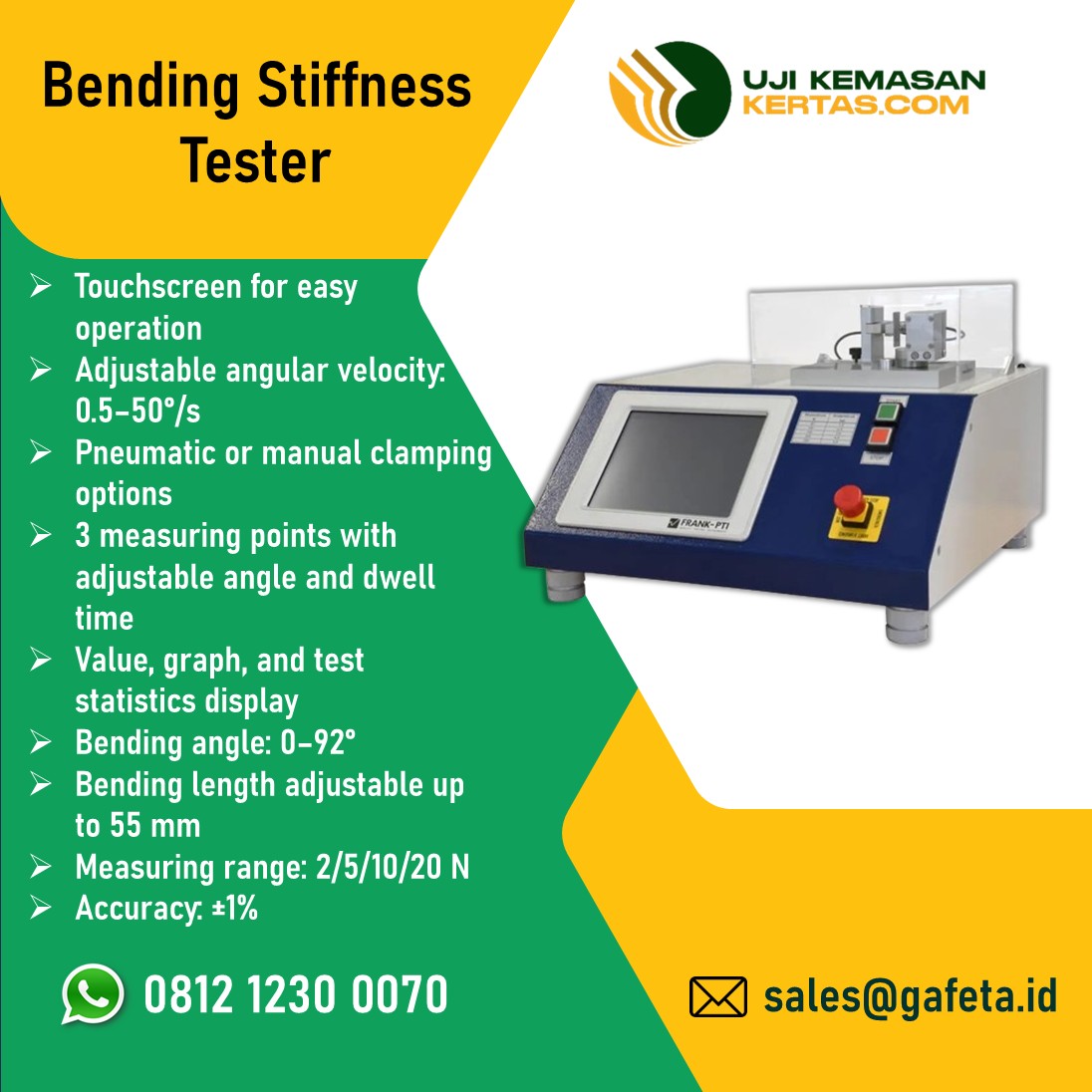 Materi promosi Jual Bending Stiffness Tester, Alat Uji Kekakuan Tekukkan Kemasan Kertas merk Frank PTI