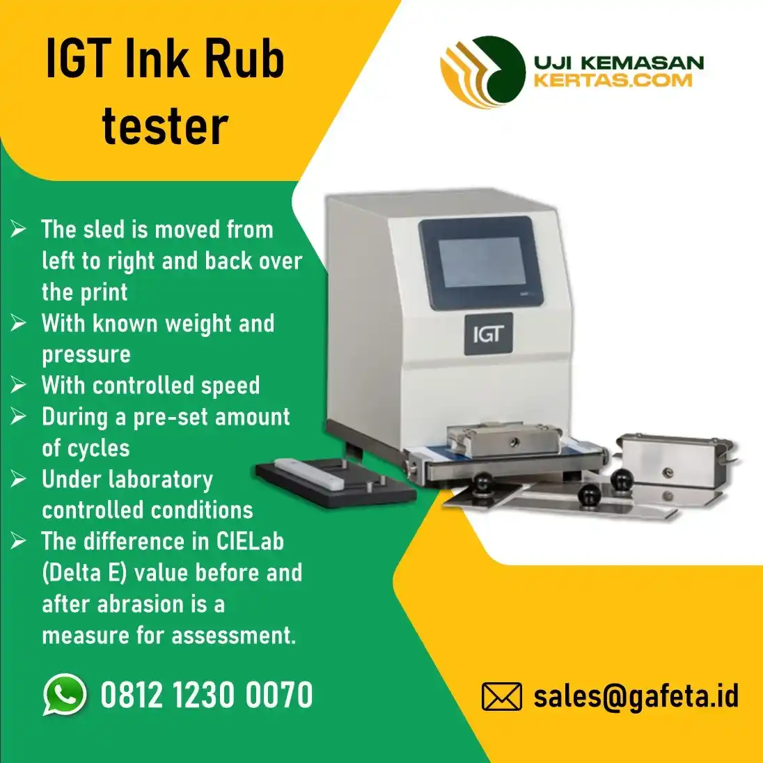 Spesifikasi IGT Ink Rub Tester Alat Tes Ketahanan Gesek Tinta Kemasan